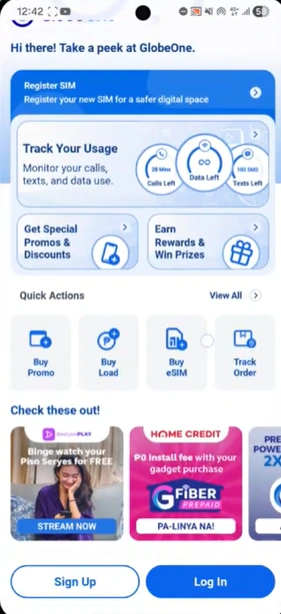 Pasaload TM 8 TM Pasaload GlobeOne App login screen