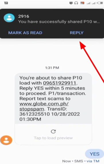 Pasaload TM 6 TM Pasaload step 6 confirmation SMS screenshot